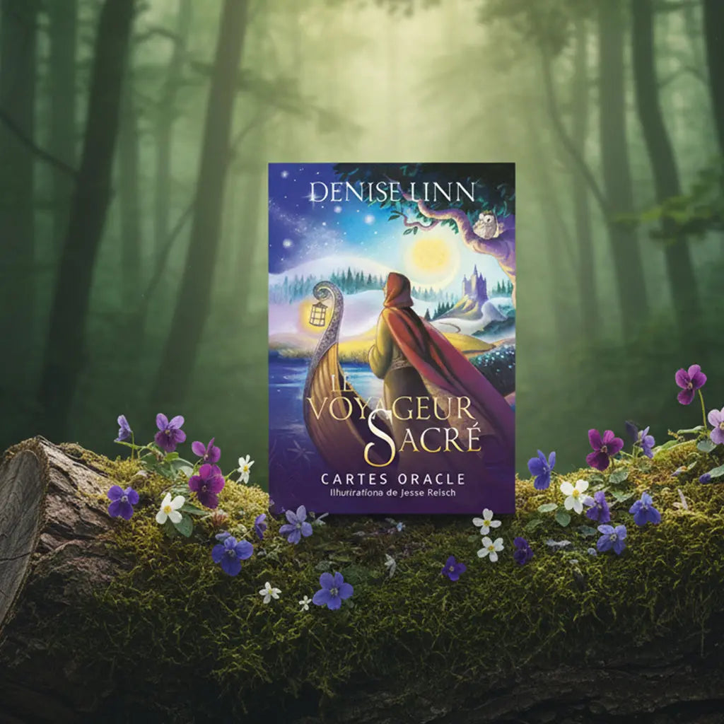 Coffret Le Voyageur Sacré - Cartes Oracle de Denise Linn posé sur une souche, illustré d'un personnage sur une barque viking contemplant un ciel étoilé et magique.