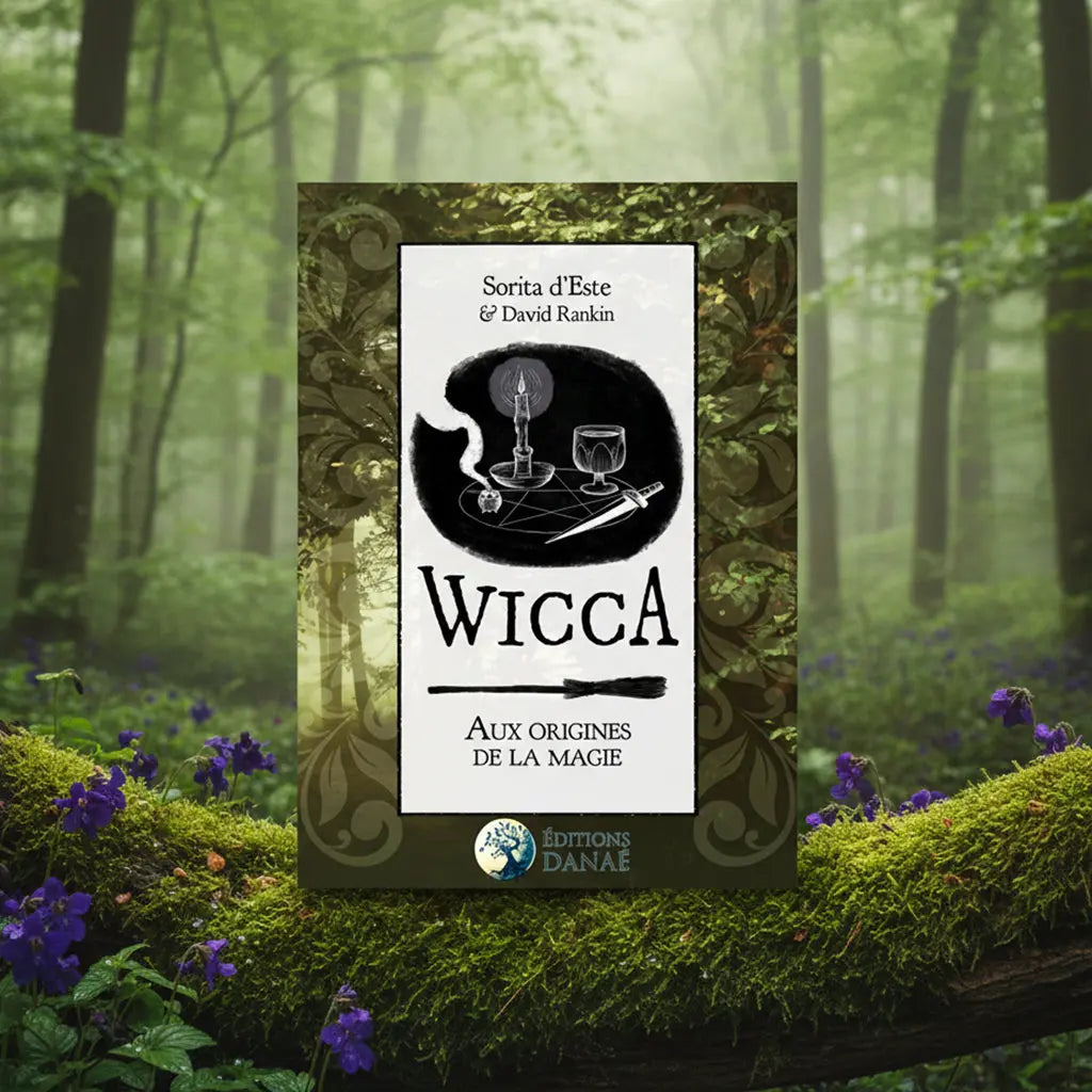 Livre Wicca - Aux origines de la magie posé sur une souche, illustré d'un balai, d'une bougie, d'une coupe et d'un athamé sur un pentacle.
