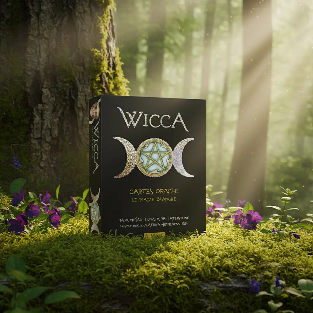 Coffret noir Wicca - Cartes Oracle de Magie Blanche posé sur de la mousse en forêt, orné du symbole argenté de la Triple Lune et d'un pentacle.