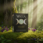 Coffret noir Wicca - Cartes Oracle de Magie Blanche posé sur de la mousse en forêt, orné du symbole argenté de la Triple Lune et d'un pentacle.