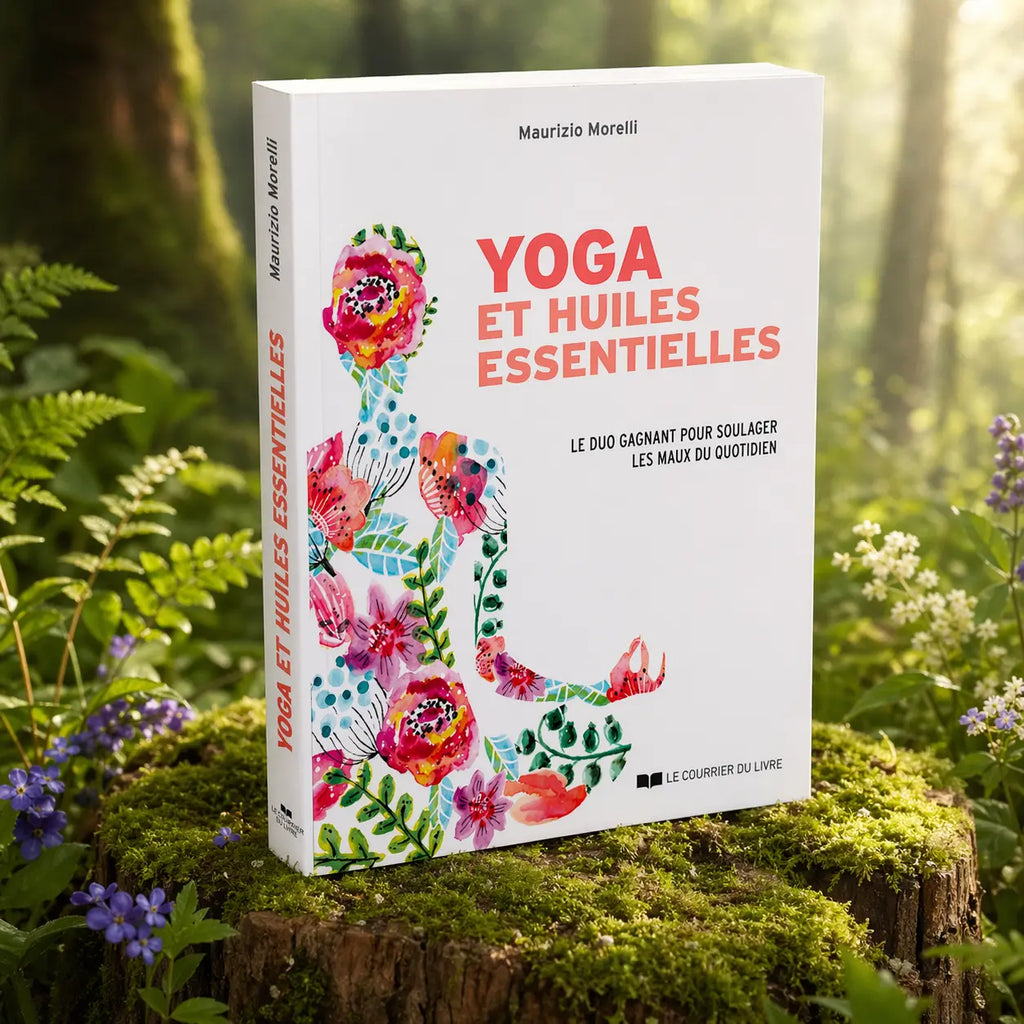 Livre blanc Yoga et Huiles Essentielles de Maurizio Morelli posé sur une souche moussue, illustré d'une silhouette humaine composée de fleurs colorées.