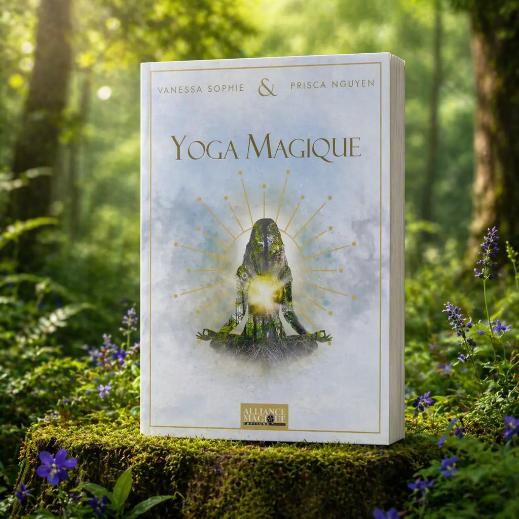 Livre blanc Yoga Magique de Vanessa Sophie et Prisca Nguyen posé sur une souche moussue, illustré d'une silhouette en méditation fusionnant avec une forêt.