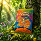 Livre Les Aventures du Petit Yogi Tome 3 sur mousse sacrée au pied d'un arbre, entouré de fleurs violettes sous des rayons de soleil magiques.