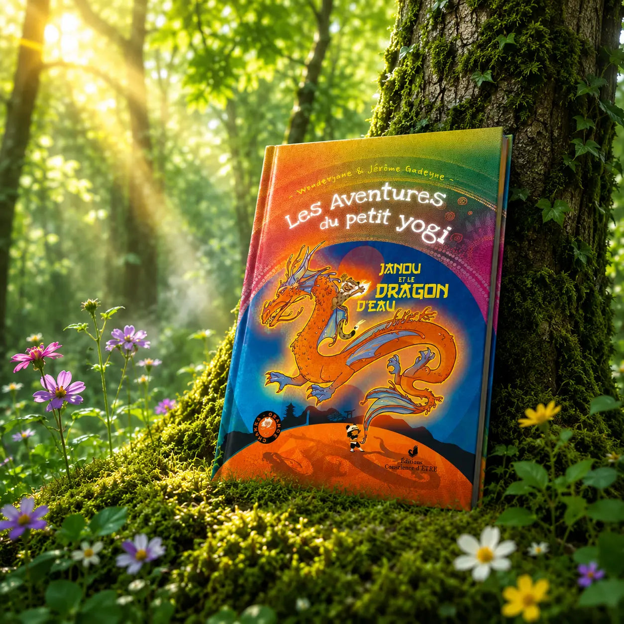 Livre Les Aventures du Petit Yogi Tome 3 sur mousse sacrée au pied d'un arbre, entouré de fleurs violettes sous des rayons de soleil magiques.