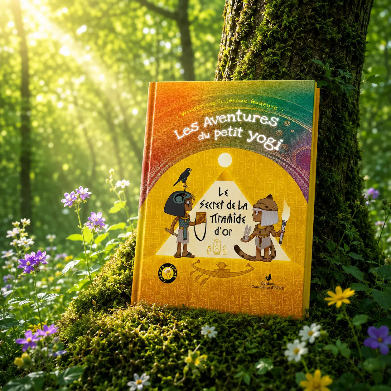 Livre Les aventures du petit Yogi Tome 4 sur mousse sacrée au pied d'un arbre, entouré de fleurs violettes sous des rayons de soleil magiques.