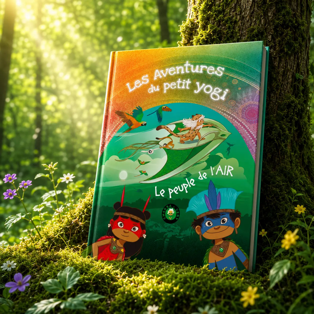 Livre Les aventures du petit Yogi Tome 5 sur mousse sacrée au pied d'un arbre, entouré de fleurs violettes sous des rayons de soleil magiques.