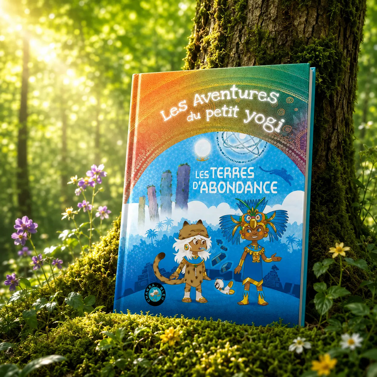 Livre Les Aventures du Petit Yogi Tome 6 sur mousse sacrée au pied d'un arbre, entouré de fleurs violettes sous des rayons de soleil magiques.